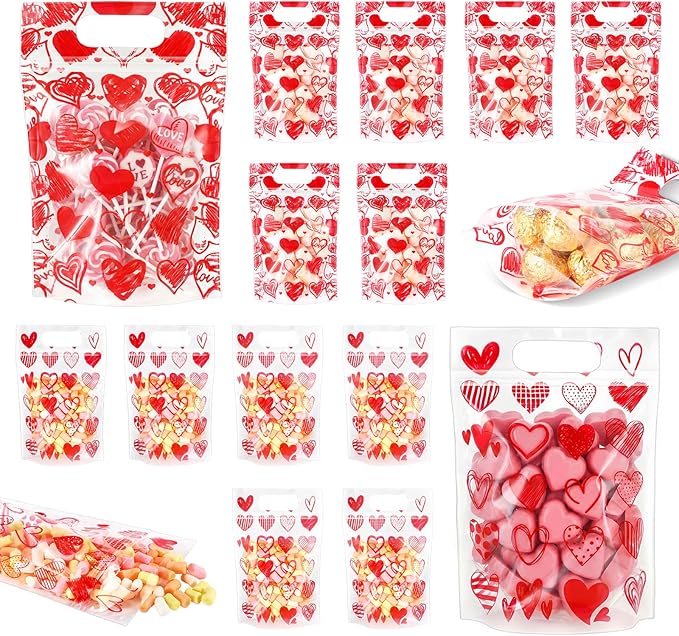 Blosssound 50 Pcs Valentine's Day Gift Bags Valentines Standing Plastic Reusable Red Heart Bag with Handles Galentines Day Wrapping Pouch for Classroom Wedding Birthday Party Favor (Mixed Valentines)
