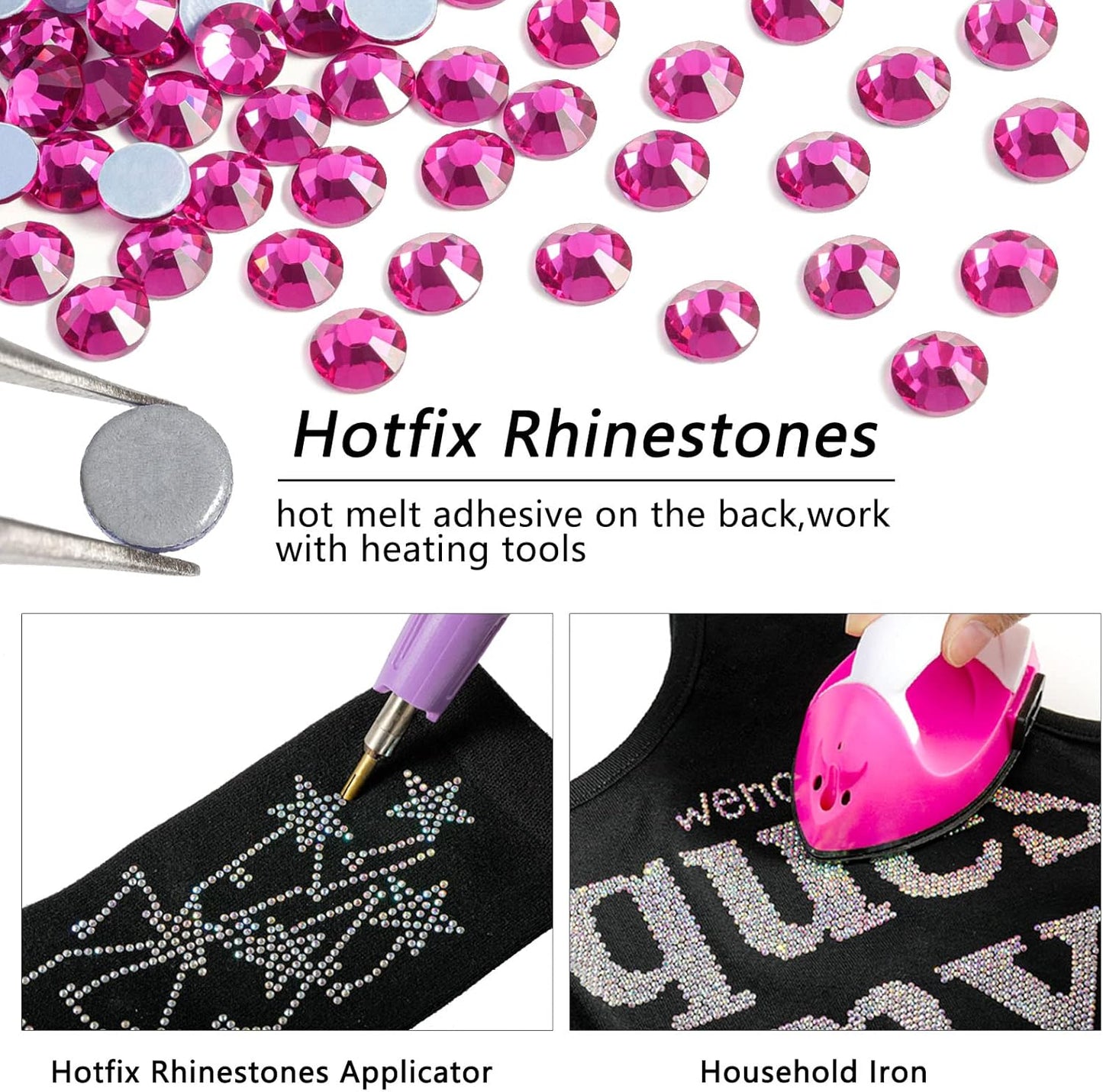 Beadsland Hotfix Rhinestones, 1440pcs Flatback Crystal Rhinestones for Crafts Clothes DIY Decoration, Fuchsia, SS12, 3.0-3.2mm