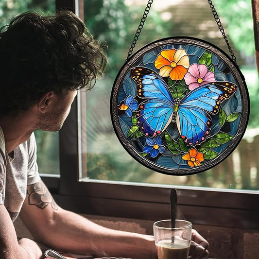 Stained Glass Window Hanging, Blue Butterfly Flower Suncatcher for Doors Home Sun Catchers Decoration and Christmas, Mother's Day Birthday Gifts for Women, Men, and Mom 11.8 in