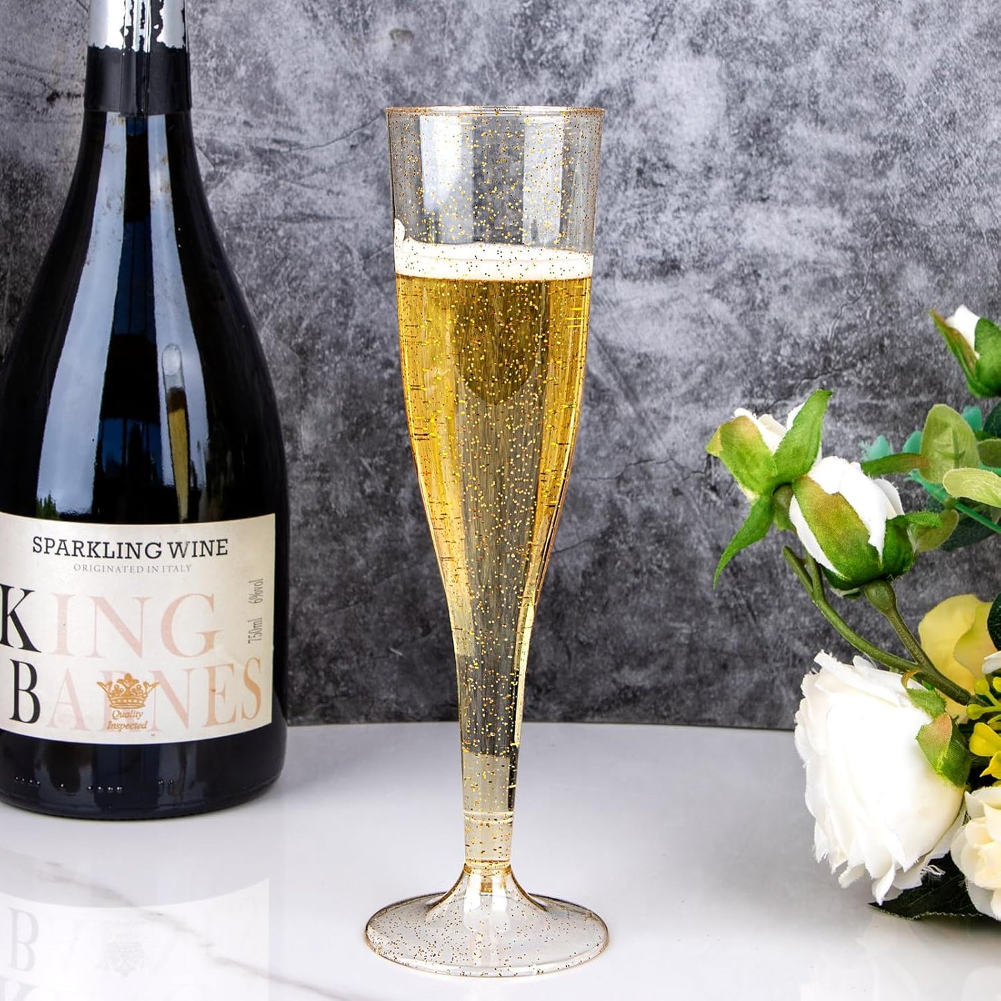 WDF 36 Pack Gold Glitter Plastic Champagne Flutes - 7OZ Disposable Gold Champagne Glasses Plastic for Thanksgiving Party, Wedding, New Year