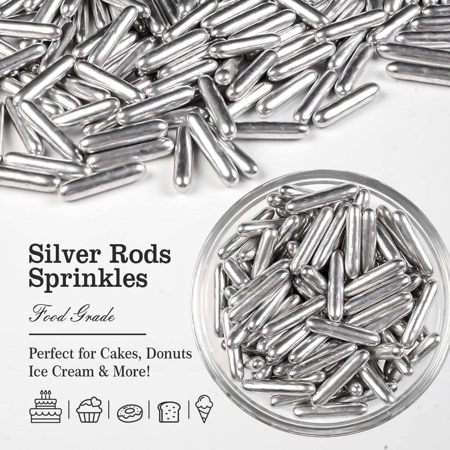 Christmas Silver Rods Sprinkles, Sugar Sprinkles For Cake Decorating, 150g/5.29oz, Food Grade, Foodgrade Decoration, Cupcake Toppers, Donuts, Cookies, Holiday, Birthday Party, Christmas Supplies
