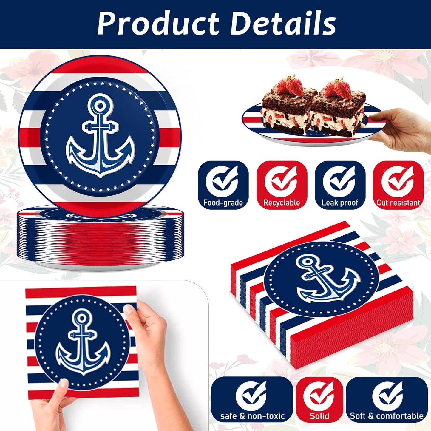 50 Guests Nautical Anchor Party Supplies Anchor Theme Plates Napkins Sailor Boat Ship Party Decorations Nautical Disposable Paper Tableware Set for Baby Shower Birthday Party Boys Girls Kids 200PCS