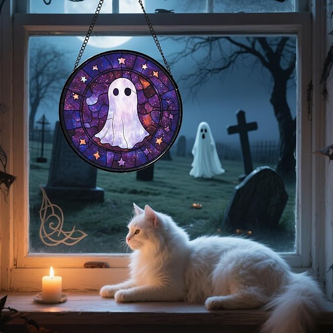 Stained Glass Window Hanging - Halloween White Star Ghost Purple Starry Sky Suncatcher for Doors Garden Indoor Spooky Sun Catchers Gothic Decor Horror Gifts for Women Men Friend 9.8 in