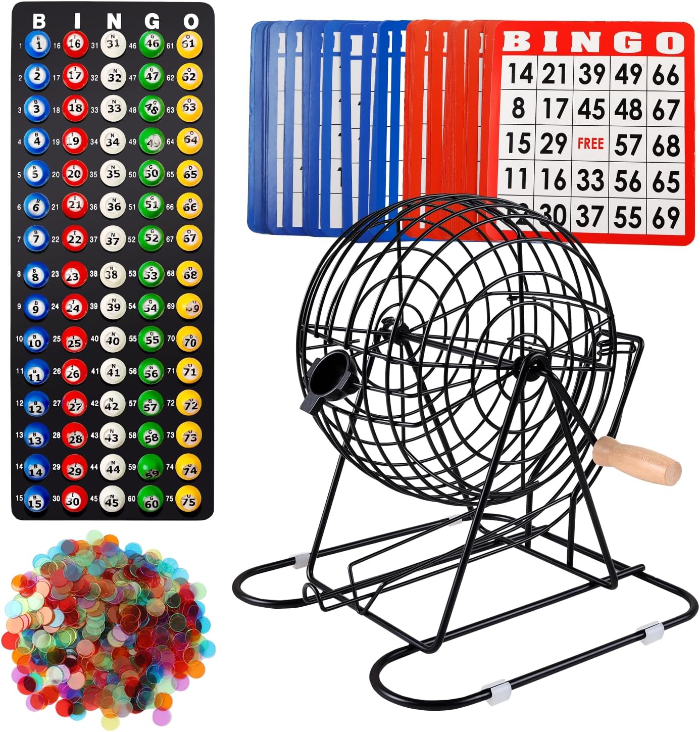 GSE Games & Sports Expert Deluxe Bingo Game Set with Large Steel Cage, Master Board, 75 Colored Balls, 500 Chips, 50 Bingo Cards for Large Groups, Parties, Game Night