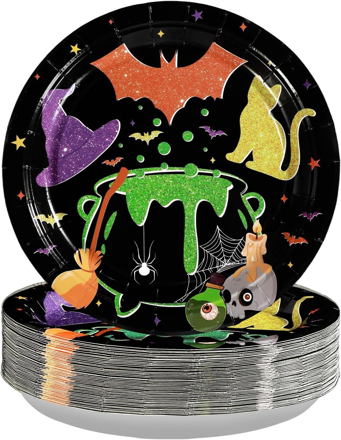 Grencian 50Pcs Halloween Hocus Pocus Plates 9" Day of The Dead Dessert Plates Witch Tableware Sets for Halloween Holiday Party Decorations