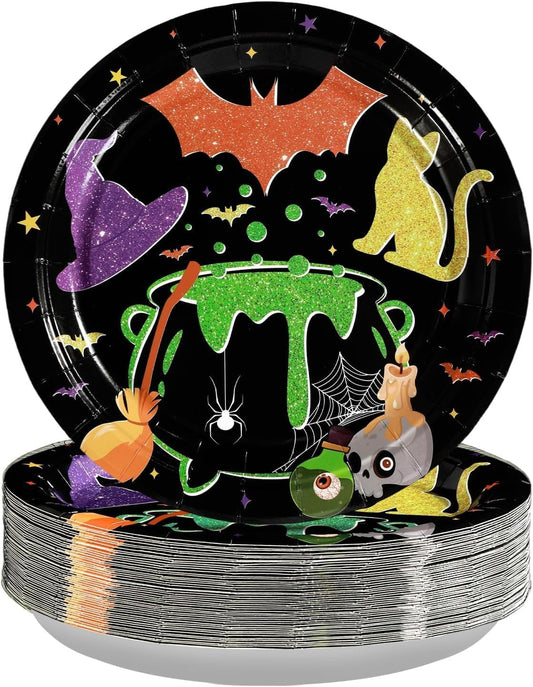 Grencian 50Pcs Halloween Hocus Pocus Plates 9" Day of The Dead Dessert Plates Witch Tableware Sets for Halloween Holiday Party Decorations