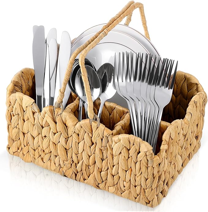 Wicker Utensil Caddy Basket, Utensil Holder for Party Flatware Silverware Holder Hand Woven Divided Cutlery Basket Water Hyacinth Kitchen Organizer Storage with Handle for Countertop