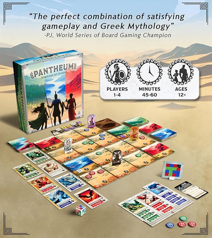 Pantheum: Deluxe Edition | Family Strategy Board Game for Greek Mythology Fans | 1–4 Players | Ages 12+ | 45–60 Min Playtime | Includes Gold Foil Sleeve, Minifigures, Engraved Dice and Wooden Tokens