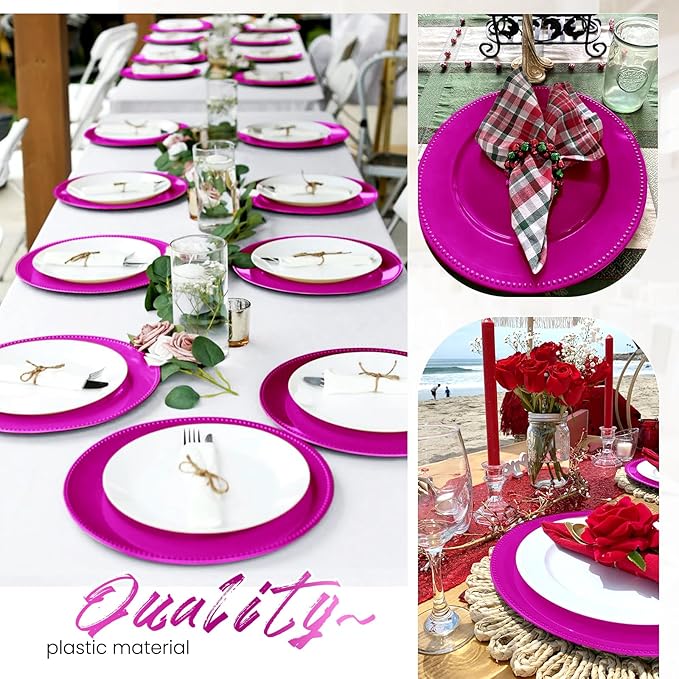 24 Pcs Hot Pink Charger Plates, 13" Round Beaded Decorative Dinner Chargers for Wedding, Holiday, Baby Shower & Event Decoration