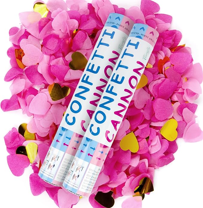2 Pack Gender Reveal Confetti Cannon, 12 in Pink Round shaped Paper Party Poppers Cannons, Confetti Poppers For Baby Girl Gender Reveal Baby Showers (Heart, Pink)