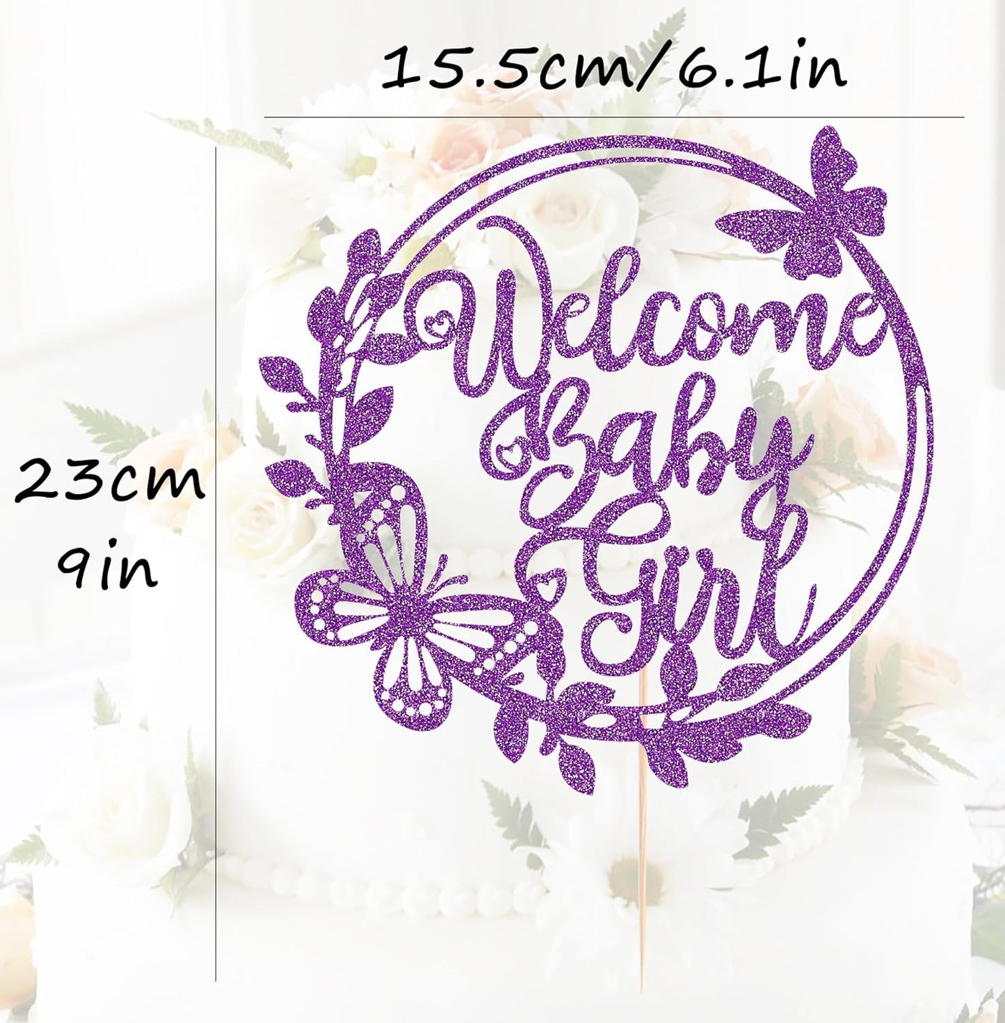 Welcome Baby Girl Cake Topper - Deep Purple Glitter Baby Shower Cake Decorations, Baby Girl Cake Decor, for Baby Shower/Birthday Party/Gender Reveal Party Photo Booth Props
