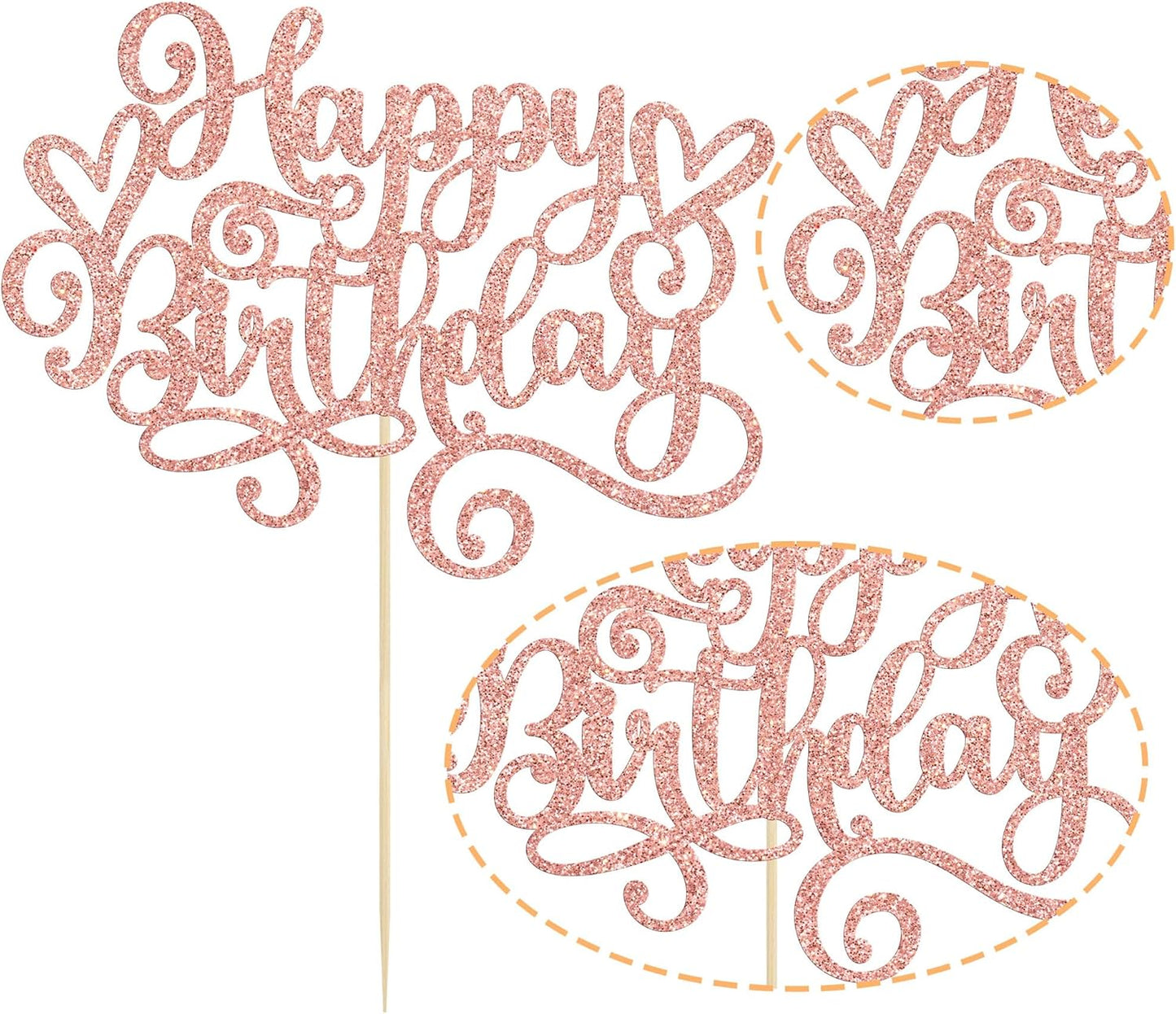 Gyufise 1Pcs Happy Birthday Cake Topper Glitter Cake Pick for Celebrating Anniversary Party Cake Decorations Supplies Rose Gold