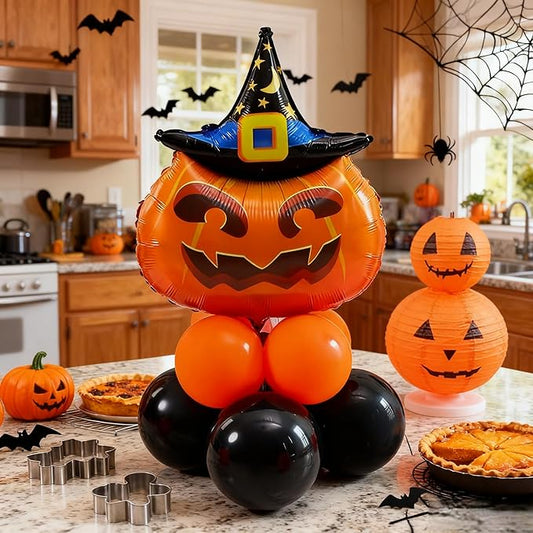 10pcs 12inch Black Orange Latex Balloons Party Theme Halloween Balloons Decor for Baby Shower Wedding Anniversary Halloween Baby Birthday Party Decorations (Pumpkin with Moon Hat)