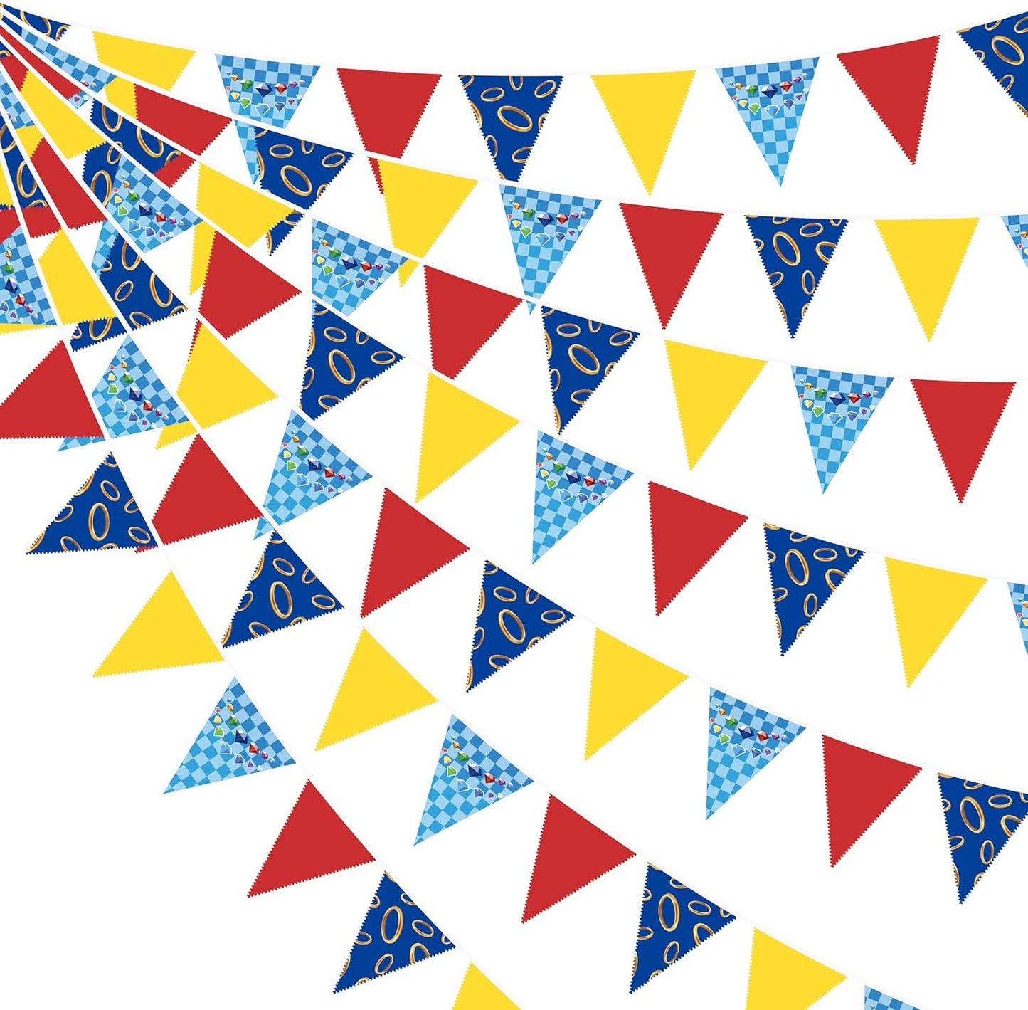 32Ft Hedgehog Birthday Party Decorations Red Blue Yellow and Golden Rings Triangle Flag Pennant Banner Fabric Garland Streamer for Kids Boys Cartoon Birthday Hedgehog Baby Shower Party Decor Supplies