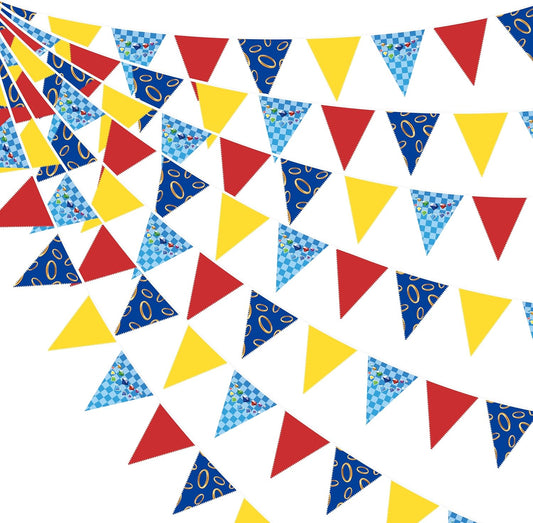 32Ft Hedgehog Birthday Party Decorations Red Blue Yellow and Golden Rings Triangle Flag Pennant Banner Fabric Garland Streamer for Kids Boys Cartoon Birthday Hedgehog Baby Shower Party Decor Supplies