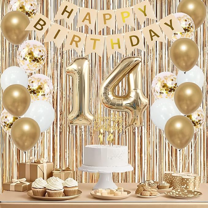 Trgowaul 14th Birthday Decorations for Girls, Banner, Sash and Crown, Cake Topper, 14 Number Balloon, Fringe Curtains, Champagne Gold 14th Birthday Party Supplies