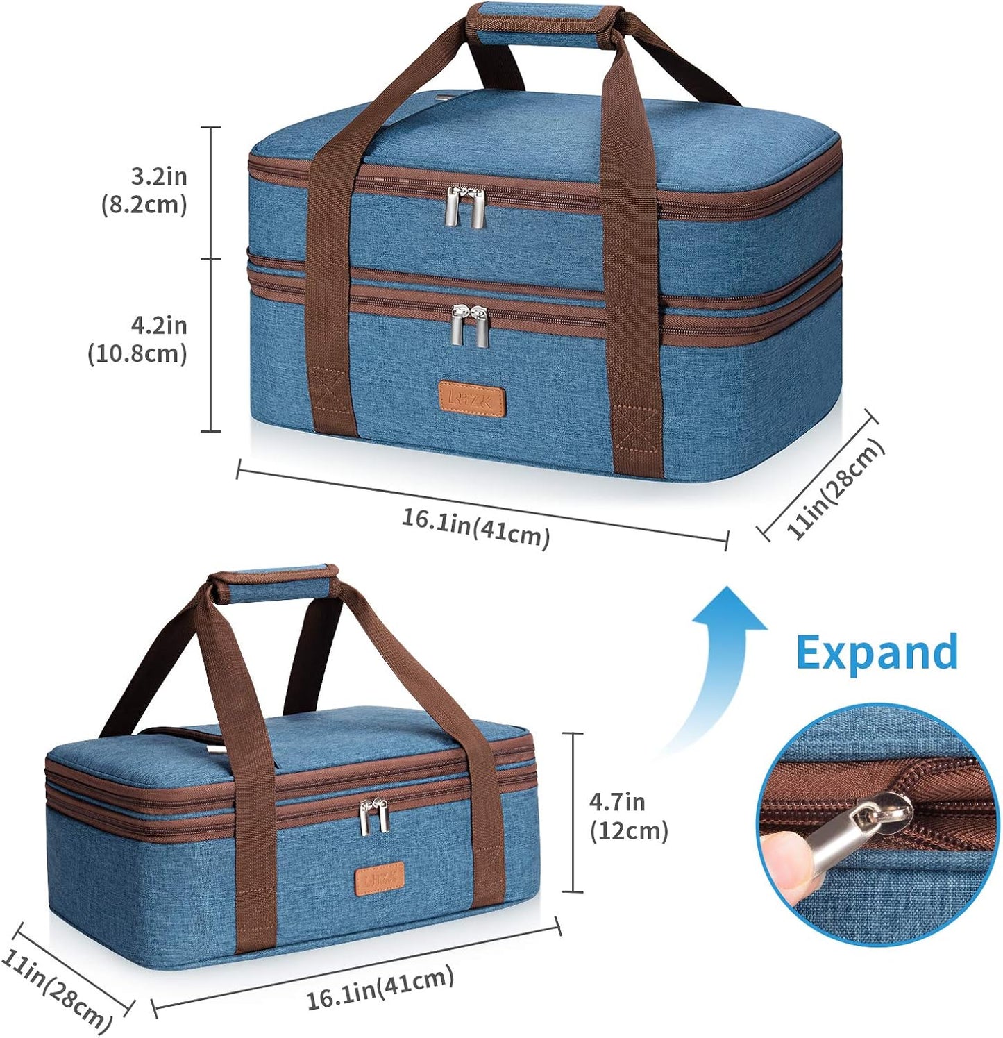LHZK Double Decker Insulated Casserole Carrier for Hot or Cold Food, Expandable Hot Food Carrier, Lasagna Holder Tote for Potluck Parties, Picnic, Beach, Fits 11 x 15 or 9 x 13 Baking Dish (Blue)