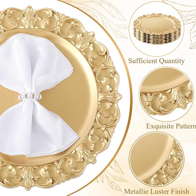 12 Pcs Vintage Gold Charger Plates Bulk 13 Inch Embossed Rim Plastic Round Decorative Plates Charger for Dinner Wedding Party Event Table Setting Decoration (Vintage)