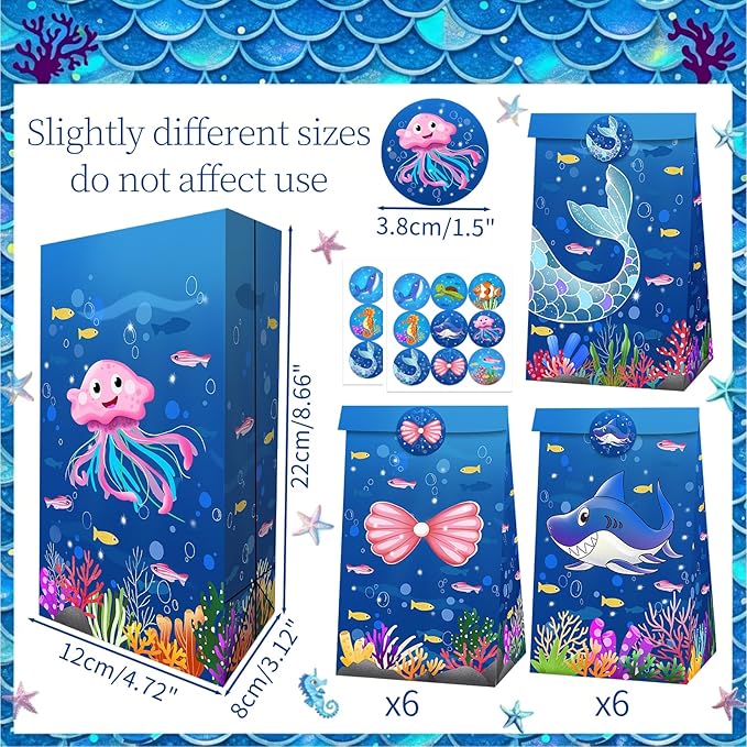 Inshinern Ocean Animals Party Favors Under The Sea Goodie Treat Gift Bag with Stickers Jellyfish Shark Coral Oneder The Sea Party Decorations Mermaid Themed Candy Bags for Kids Birthday Baby Shower