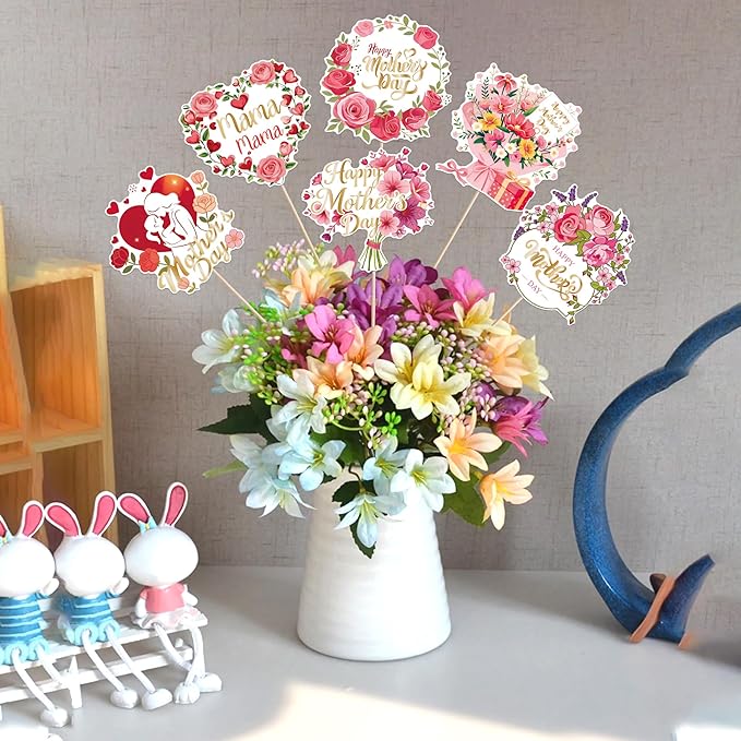 18 PCS Happy Mother's Day Centerpiece Sticks Double Sided I Love Mom Table Centerpieces Rose Flower Best Mother Floral Decorations for Happy Mother's Day Theme Mama Birthday Party Centerpieces