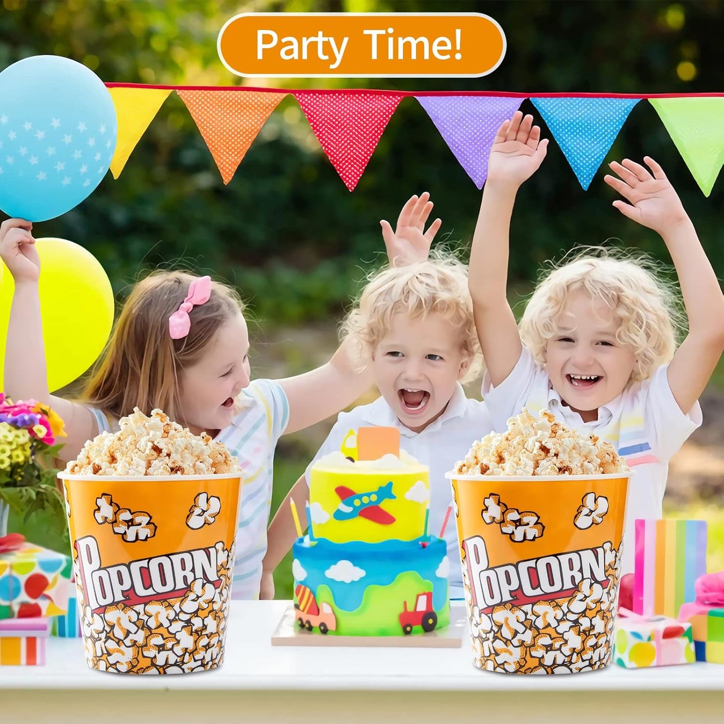 Plastic Popcorn Containers Retro Style Reusable Popcorn Buckets for Movie Night 7.1”x7.1”x5.1” (5 Pack)…