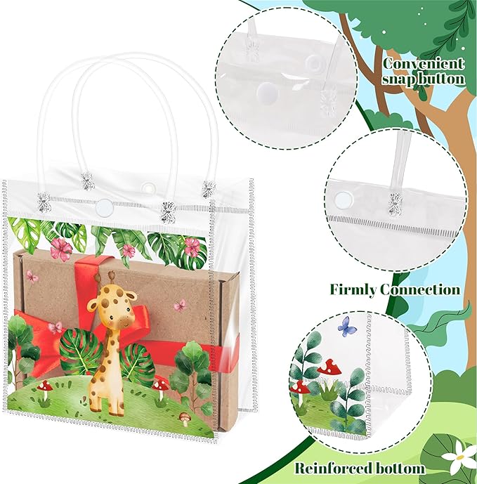 H1vojoxo Jungle Animals Gift Bags - 24PCS Safari Clear PVC Gift Bags Reusable Elephant Zebra Lion Giraffe Cartoon Jungle Animals Party Bag for Kids Birthday Baby Shower Wild One Birthday Decoration