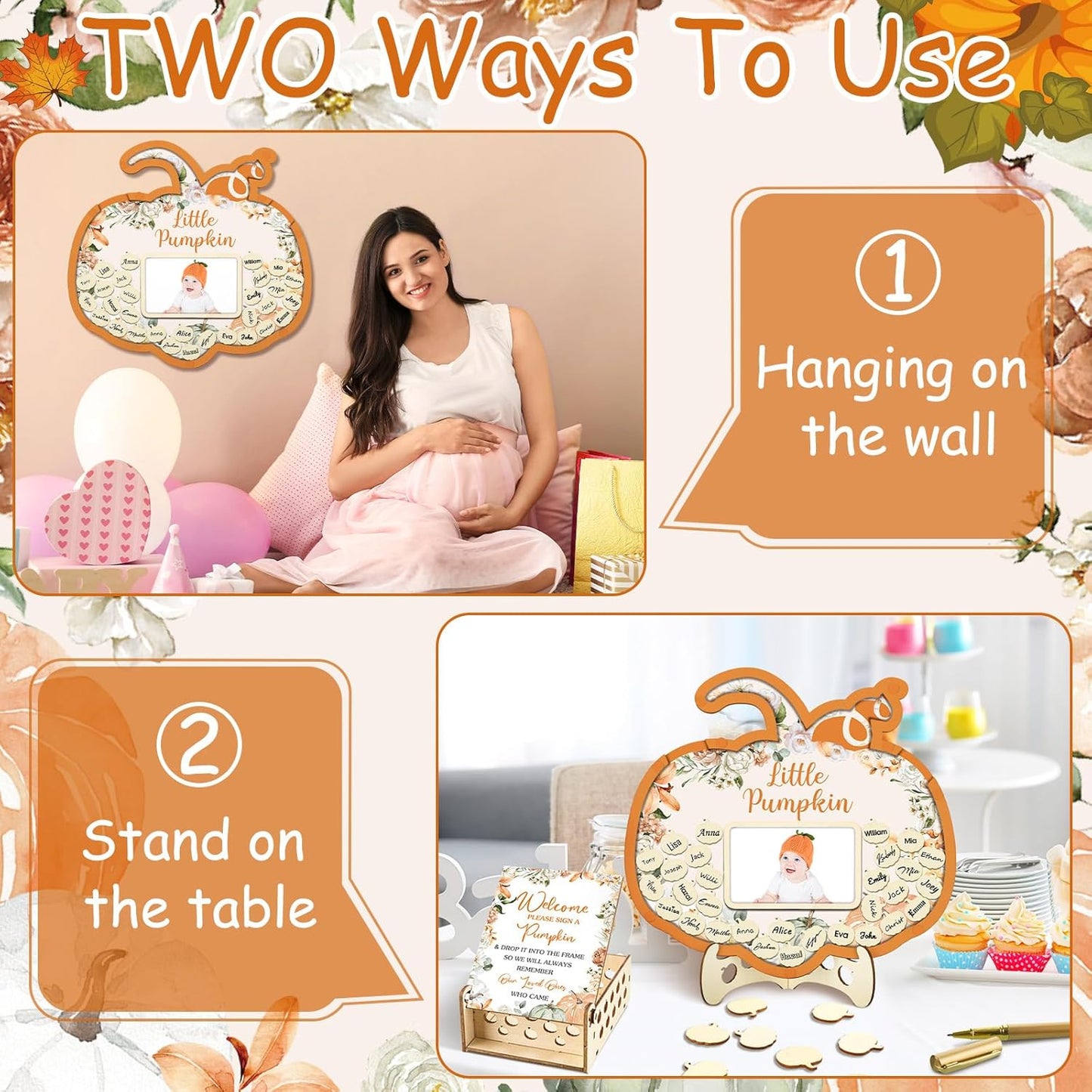 Wenqik 63 Pcs Little Pumpkin Baby Shower Guest Book Alternatives Set Baby Shower Decorations with Photo Frame Sonogram Frame Keepsake 60 Wood Slices Guest Book for Birthday