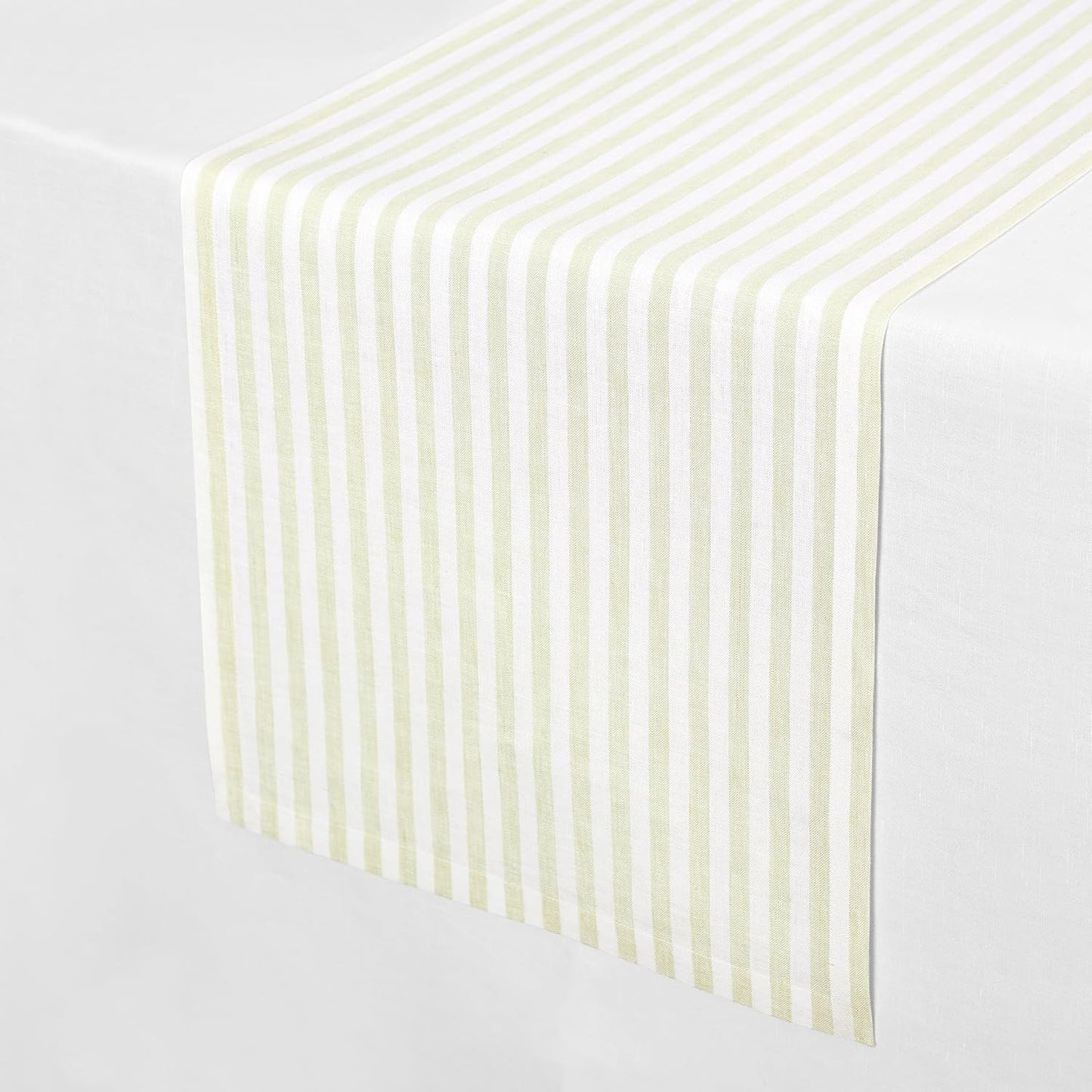 Solino Home Linen Table Runner 36 Inches - Amalfi Stripe 100% Pure Linen Sage and White Farmhouse Table Runner 14 x 36 Inch Ideal for Dresser and Coffee Tables - Fall, Thanksgiving, Christmas