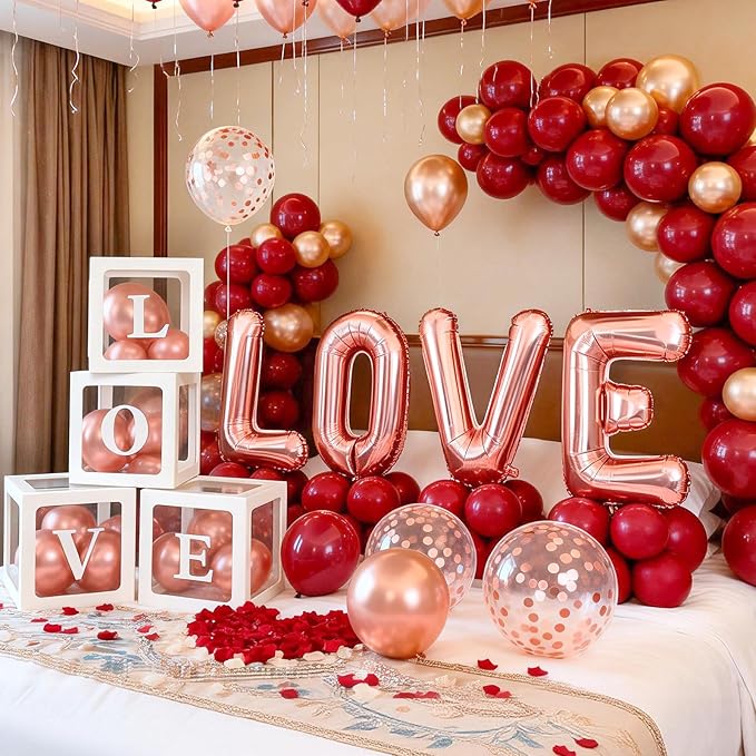 Valentines Day Party Decorations, Balloon Boxes with Letters/ 32" LOVE Balloons/Rose Gold and Red Balloons for Galentines Mothers Day Wedding Proposal Engagement Anniversary Party Decorations