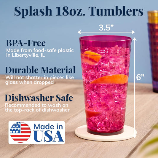 US Acrylic Splash [Set of 16] 18 ounce Plastic Stackable Water Tumblers in Jewel Tone Colors Value Set of Drinking Cups, Reusable, BPA-free, Made in the USA, Top-rack Dishwasher Safe