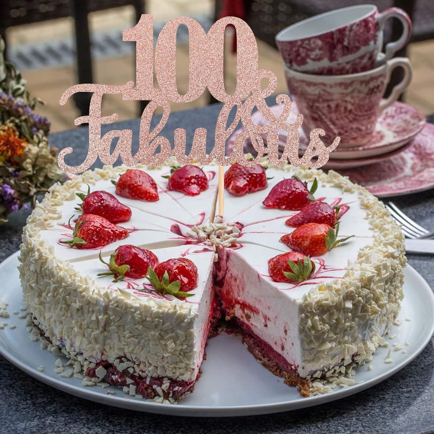 1 PCS 100 & Fabulous Cake Topper Glitter One Hundred Fabulous Cake Toppers Happy 100th Birthday Cake Pick for 100th Wedding Anniversary Birthday Party Cake Decorations Supplies Rose Gold