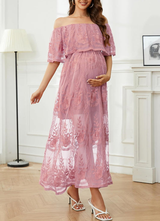 HOYISHION Women's Off The Shoulder Floral Lace Maxi Dress White Bridesmaid Wedding Party Maternity Photoshoot Long Dresses