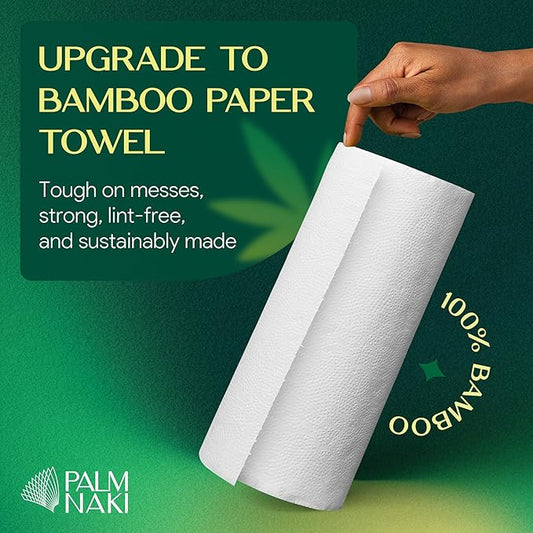 Bulk Case - 100% Bamboo Paper Towels | Lint-Free, Eco-Friendly, Tree-Free | 2-Ply Kitchen Paper Towel | FSC-Certified, BPA/PFAS-Free | 24 Rolls, 150 Sheets/Roll | PALM NAKI