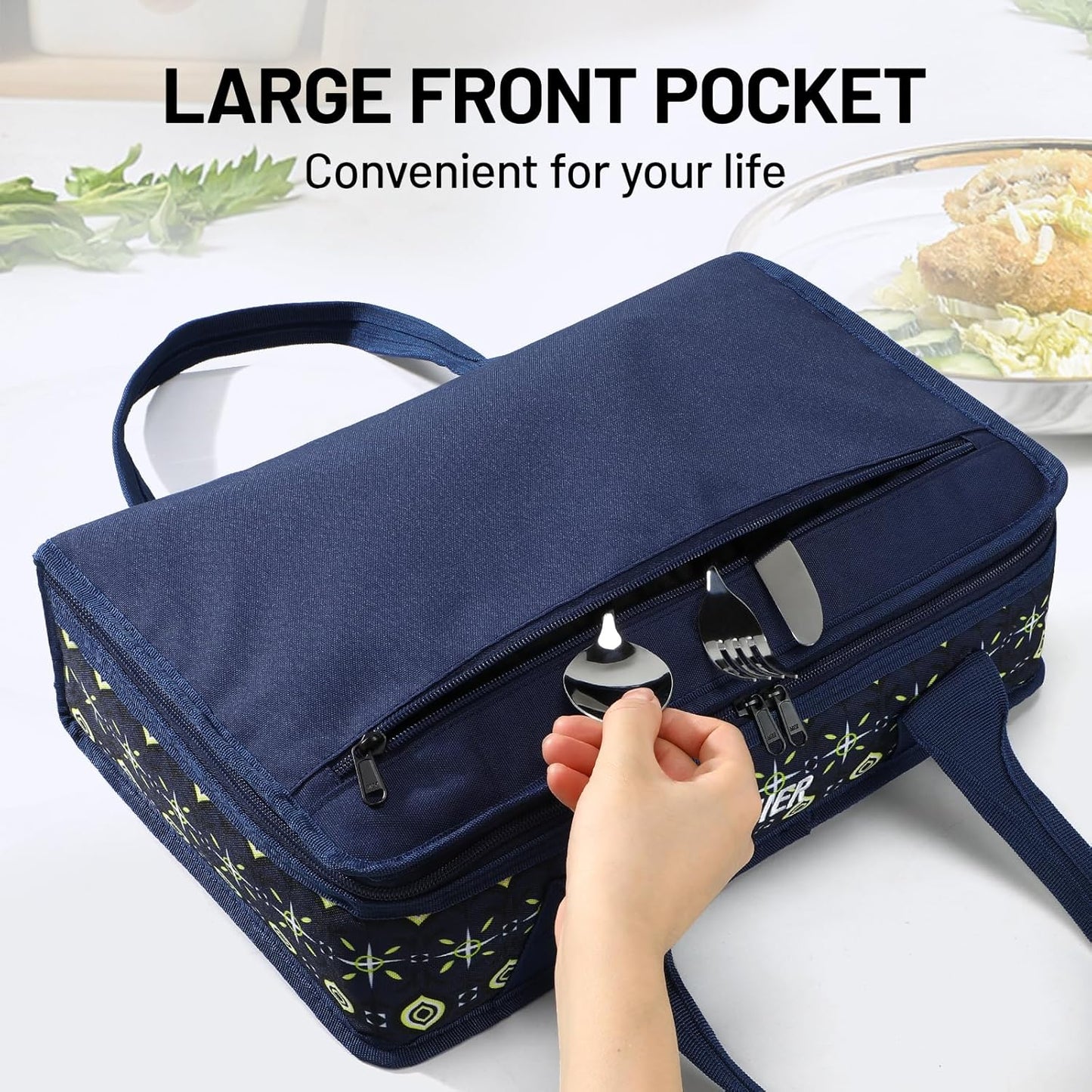 MIER Insulated Casserole Carrier for Hot or Cold Food Thermal Food Carrier Bag for Lasagna Potluck Parties Picnic Cookouts, Fits 9"x13" Baking Dish/Foil Pan, Deep Blue