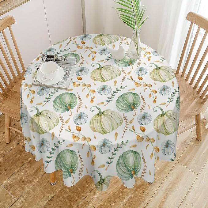 YCness Fall Tablecloth, Thanksgiving Autumn Harvest Watercolor Blue Green Pumpkin Orange Leaf Table Cover for Party Picnic Dinner 36x36 Inch Round