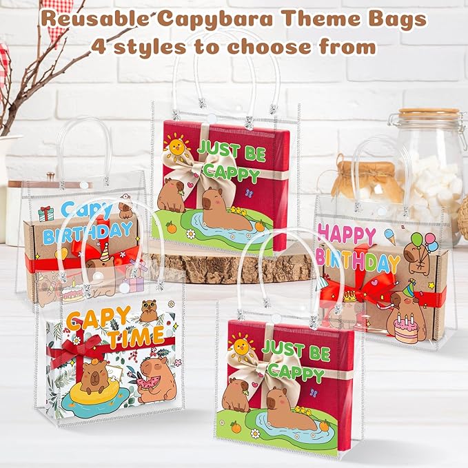 H1vojoxo Capybara Birthday Gift Bags - 24PCS Capybara Clear PVC Gift Bags with Handle 7.9x3.2x7.9 Inches Reusable Capy Time PVC Gifts Wrap Bag Just Be Cappy Tote Bag for Birthday Party Favor Supplies