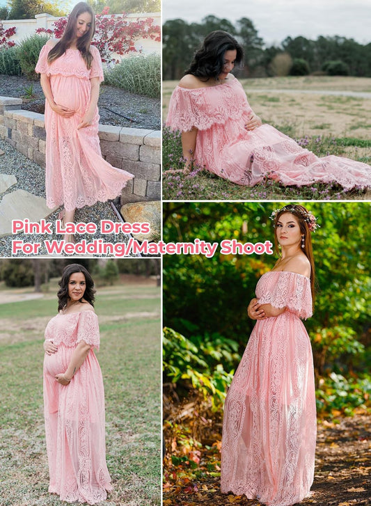 HOYISHION Women's Off The Shoulder Floral Lace Maxi Dress White Bridesmaid Wedding Party Maternity Photoshoot Long Dresses