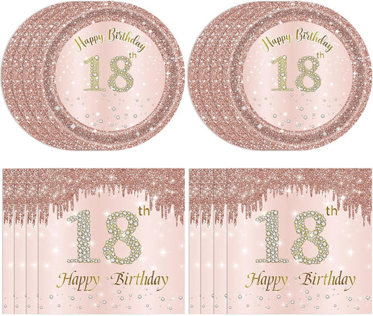 18th Birthday Party Decorations for Girls Pink Rose Gold Theme Birth Supplies Include 20 Plates 20 Napkins Sweet Eighteen Years Old Birthday Party Tableware for Girls Kids Children