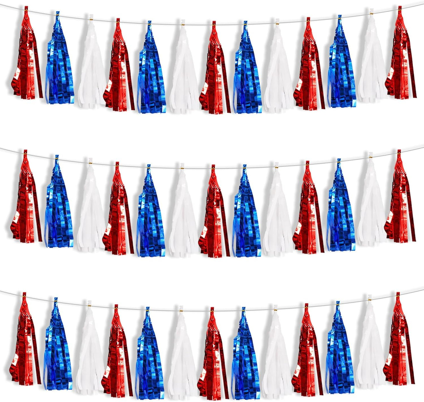 BEISHIDA 3 Packs Red Blue White Metallic Foil Fringe Tassel Garland, Tassels Banner Streamers for Car Floats Bridal/Baby Shower Birthday Wedding Halloween Christmas Holiday Party Decoration