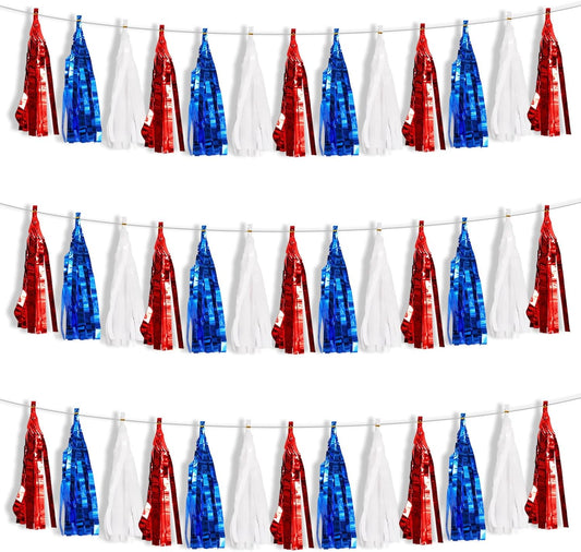 BEISHIDA 3 Packs Red Blue White Metallic Foil Fringe Tassel Garland, Tassels Banner Streamers for Car Floats Bridal/Baby Shower Birthday Wedding Halloween Christmas Holiday Party Decoration