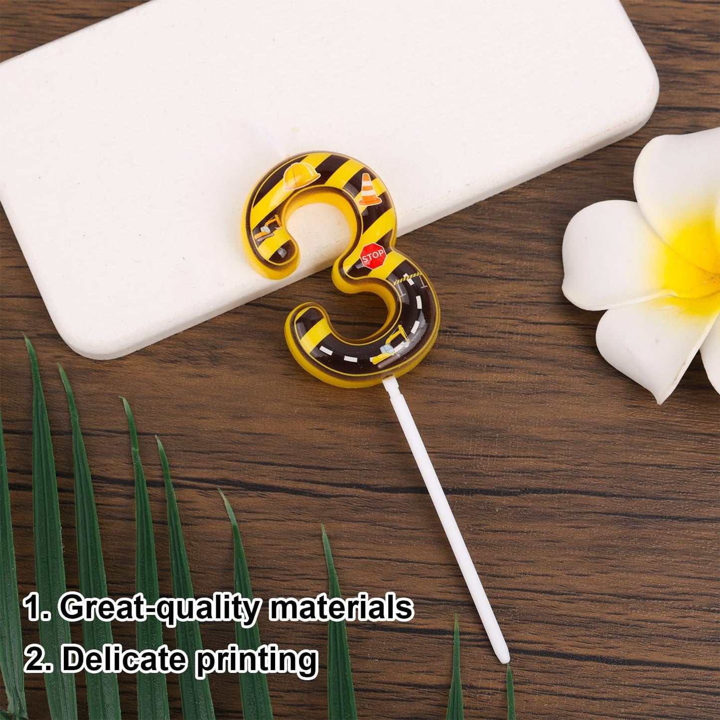 Construction Birthday Number Candles, Yellow & Black Striped Cake Topper Building Theme Party Decorations for Graduation Anniversary Celebration (Number 3)