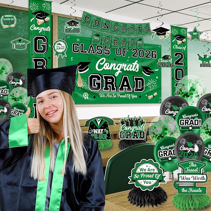 Graduation Decorations Class of 2026 Green Graduation Party Decor Set include Congrats Grad Banner Backdrop Class of 2026 Balloons Party Supplies
