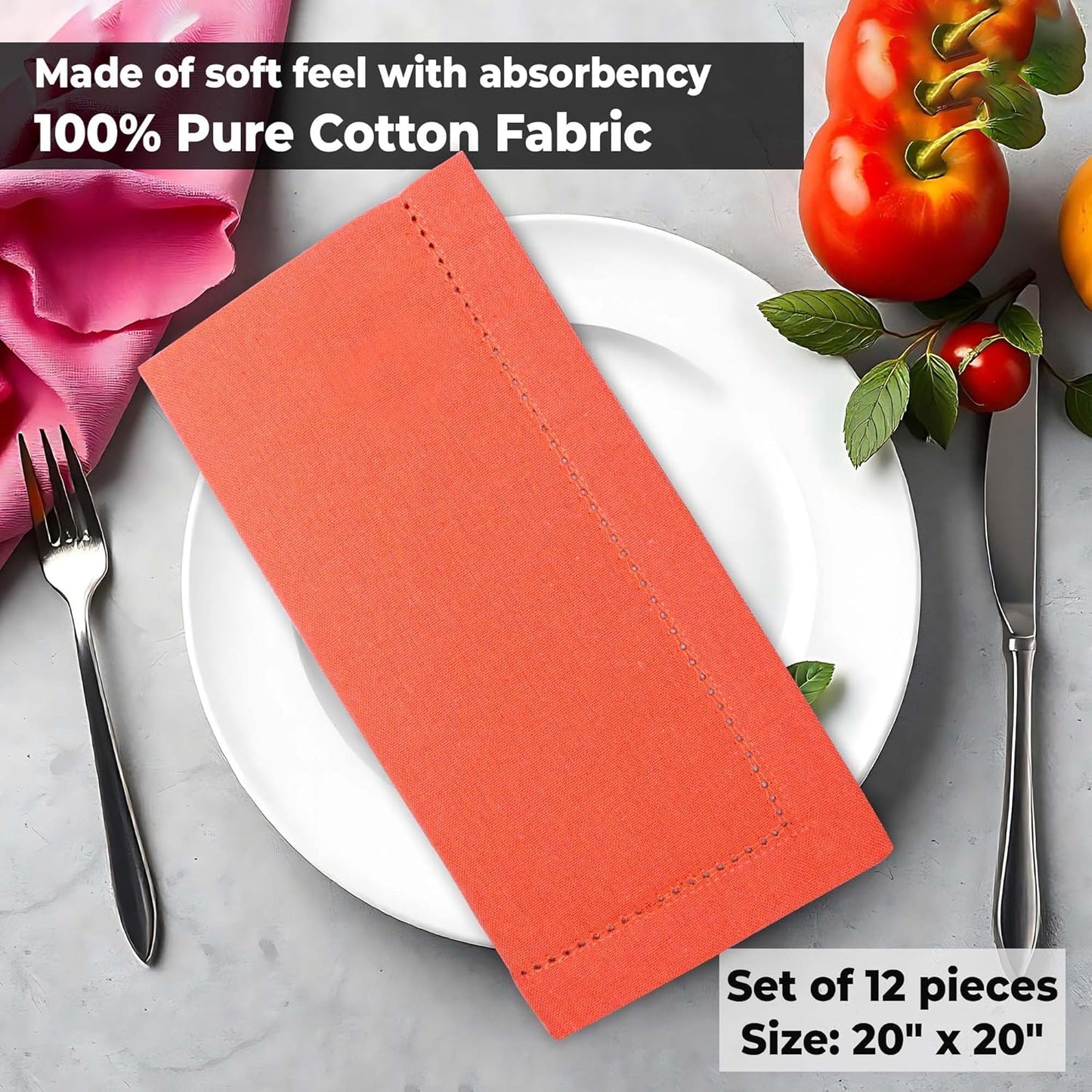 Urban Villa Fall Cloth Napkins Hemstitch Dinner Napkins Orange Color 20''x20'' (Set of 12) 100% Cotton Absorbent Napkins Soft Durable Reusable Washable Ideal for Events Parties Everyday use