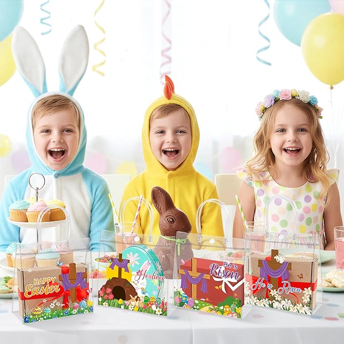 H1vojoxo Religious Easter Gift Bags - 24PCS He is Risen Christian Clear PVC Gift Bags with Handle for Kids Cross Print Reusable Goodie Treat Candy Snack Bag for Easter Church Party Favors Supplies