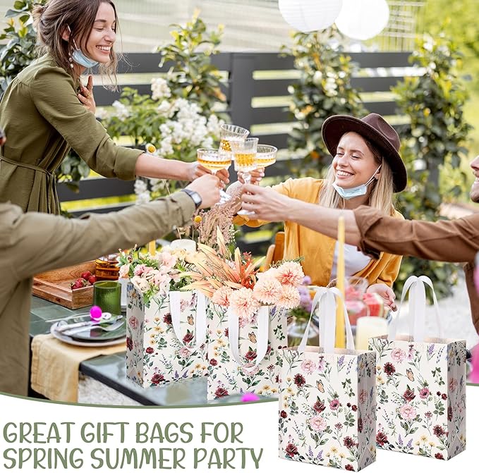 Supervitae 24 Pack Wildflower Theme Gift Bags Medium Floral Party Favor Bags Vintage Reusable Totes Non Woven Goodie Totes for Wedding Birthday Baby Shower Family Holiday Travel(9.8" x 7.9" x 3.9")