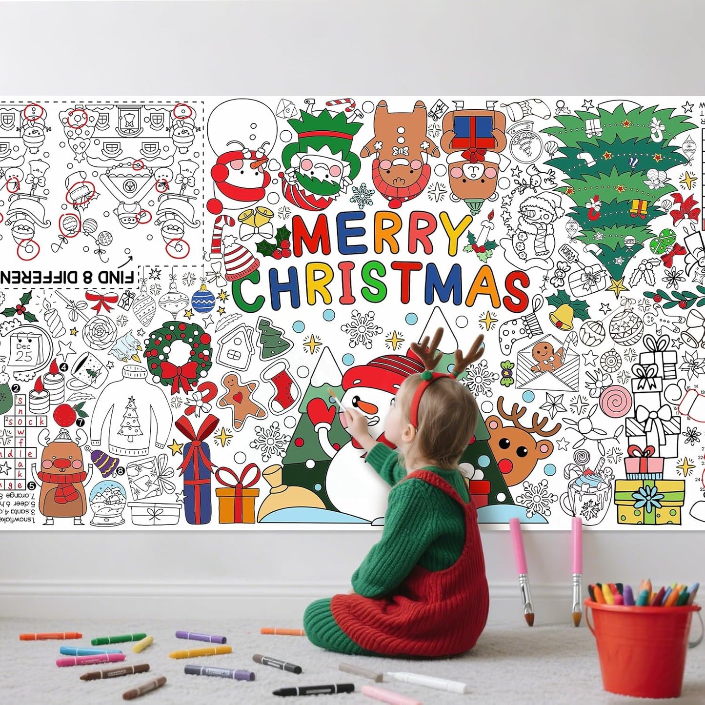 Gatherfun Merry Christmas Decorations - Versatile 31.5 x 72 Inches Activity Poster, Christmas Party Coloring Banner/Santa & Snowman Table Cover for School Parties and Special Events