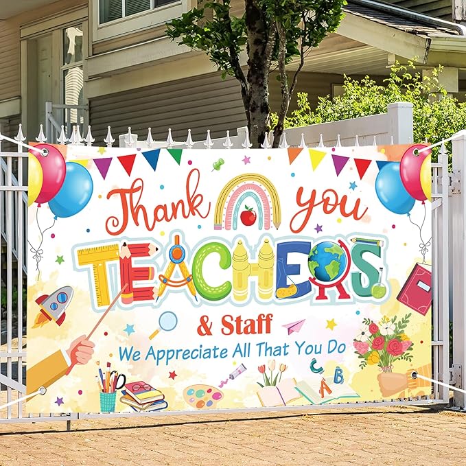Happy Teacher Day Banner Teacher Appreciation Week Decorations Flag Outdoor 71x44 Inch School Classroom Backdrop,Thank You Teacher Gifts for Indoor Home Party Supplies,Yard Sign Photography Background