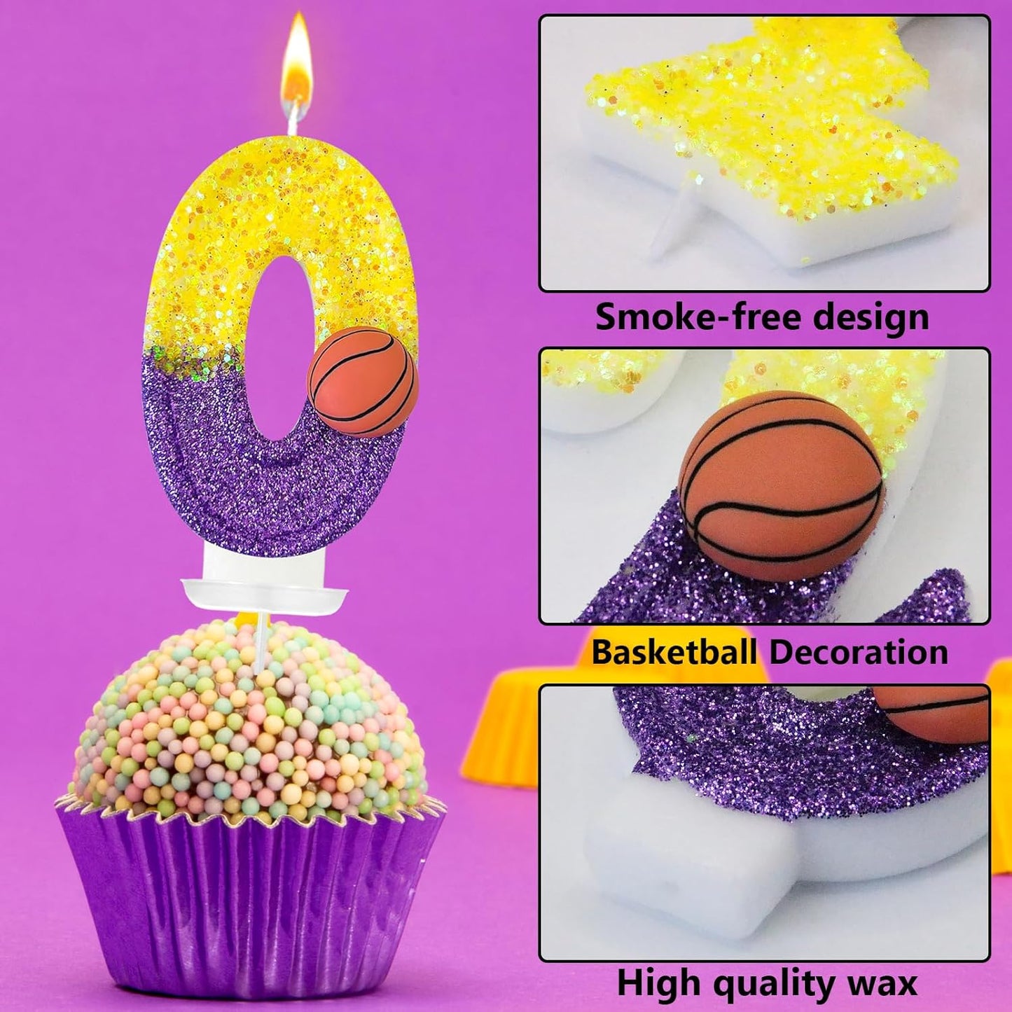 HXOUSE Basketball Number 0 Birthday Candles - Purple Gold Birthday Candles for Cake, 0 Candle for Basketball Theme Cake Topper, Boys Sport Party Decorations Gifts (No.0)