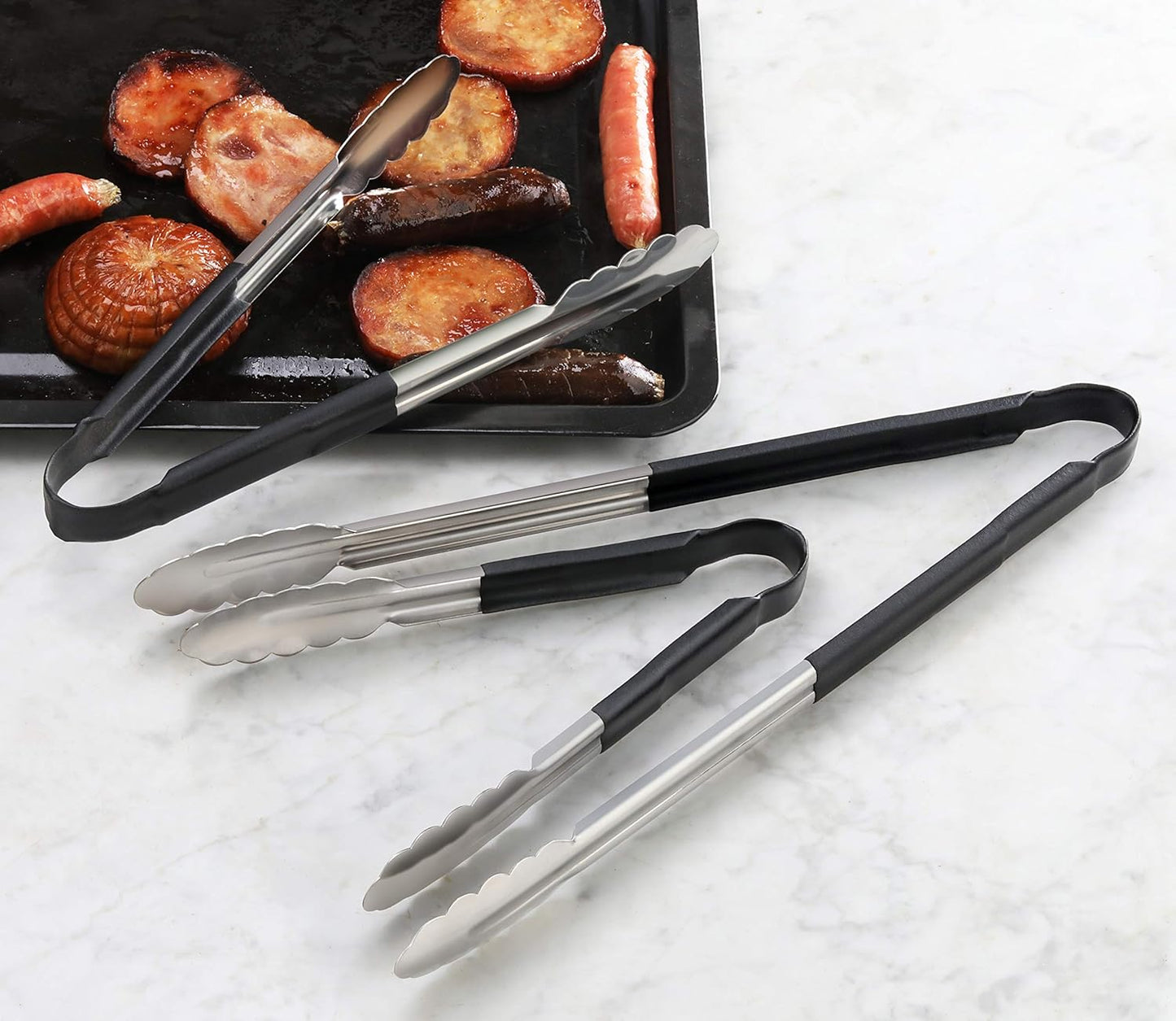 New Star Foodservice 35742 12-Inch Utility Spring Tongs, Stainless Steel, Vinyl Coated, Set of 12, Black