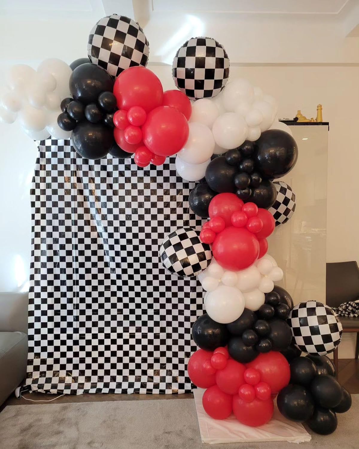 153Pcs Race Car Balloon Garland Arch Kit - Red and Black White Checkered Balloon Arch Kit 18 10 5 Inch Different Size Balloons for Racing Car Two Fast 2nd Theme Birthday Party Decorations